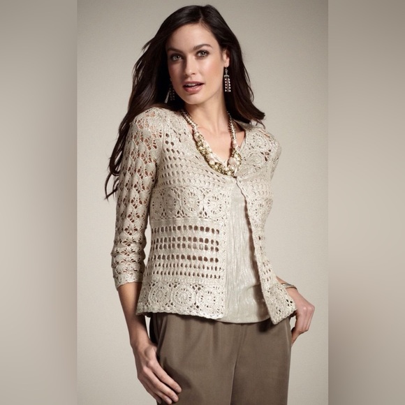 Gold Shimmer Crochet Cardigan Chico’s Galina Size 2 (12/14 M)‎ - Picture 2 of 12